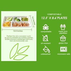 Barquette alimentaire rectangulaire en bagasse à 5 compartiments, écologique, compostable, biodégradable, sans BPA, compatible micro-ondes, jetable et légère - Product Image 1