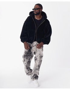 Men's Oversized Hooded Fleece <b>Zip</b>-<b>Up</b> <b>Jacket</b> Solid Black Winter Warm Sweatshirt Regular Fit Knitted Outerwear - Product Image 1