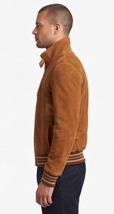 Wholesale <b>Men</b> <b>Suede</b> Bomber <b>Jacket</b> Vintage Cognac Custom Slim Fit Leather Trim Ribbed Eco-Friendly Windproof Outerwear Factory - Product Image 3