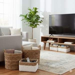 Ensemble de 4 paniers blancs naturels en écorce de bananier, artisanat en plastique recyclé - Product Image 3