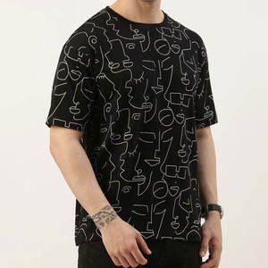 Camiseta negra con estampado de líneas abstractas para hombre, ropa informal de algodón de manga corta, ropa informal de verano de corte regular - Product Image 3