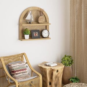Boho 2-Tier Arched Rattan <b>Wall</b> <b>Shelf</b> Wood Wicker Floating Display <b>Shelf</b> for Rustic <b>Nursery</b> or Farmhouse Decor - Product Image 4