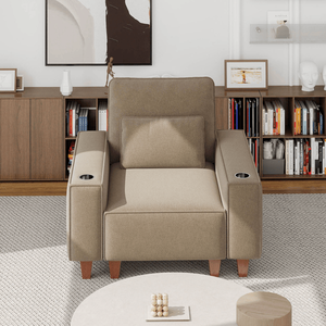 Fauteuil individuel moderne et confortable en chenille à assise profonde, avec porte-gobelet en acier inoxydable brossé et coussin décoratif, pour salon - Product Image 3