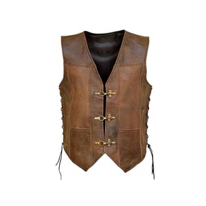 Chaleco de Cuero 100% Puro, Marrón Desgastado, Piel de Oveja Genuina, Hecho a Mano, Cuello Elegante, Cierre de Cremallera, Estilo Motero - Product Image 1