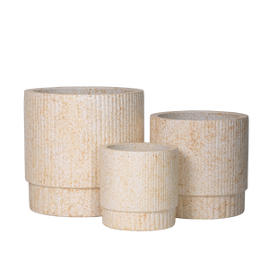 Hieta Modern Indoor/Outdoor Garden Decorative Flower Pot <b>Set</b> Tall Oval <b>Vase</b> Large Planter Cream Ribbed Fiberglass 2-Piece <b>Set</b> - Product Image 4