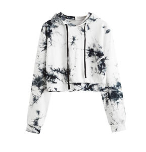 Sweat-shirt à capuche pour femme, respirant, séchage rapide, noir et blanc, tie-dye, décontracté, manches longues, coupe courte, hiver - Product Image 4