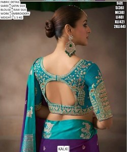 Sari Tradicional de Seda Bordado en Satén Color Fucsia Teal Heritage para Mujer, Sin Arrugas, para Invierno, Diwali, Bodas y Fiestas - Product Image 3
