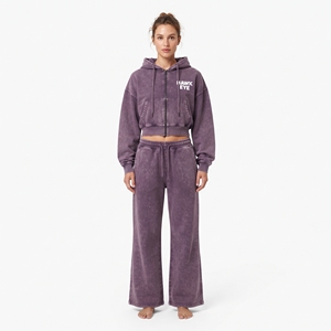 Ensemble sweat à capuche court zippé en molleton de coton délavé à l'acide pour femme et pantalon de jogging large à épaules tombantes – Vente chaude - Product Image 1
