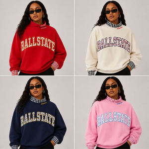 เสื้อสเวตเชิ้ตคอกลมสีน้ำเงินกรมท่าสำหรับผู้หญิงของ Ball State พร้อมปกและปลายแขนเสื้อแบบกิ๊งแฮม ทรงวาร์ซิตี้ คอถักแบบม็อกเนค ผ้าฝ้ายปักลายตัวอักษร - Product Image 3