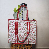 Bolso Tote de Tela de Algodón Acolchado Floral Pintado a Mano con Cierre de Cremallera, Gran Capacidad, Asa de Hombro, Ribete en Contraste, Uso Diario, Playa, RR