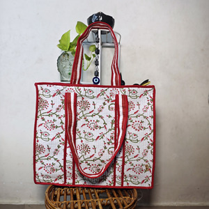 Floral Quilted Hand-painted Cotton Tote <b>Bag</b> Zipper Closure <b>Large</b> Capacity Shoulder Contrast Trim Daily Use <b>Beach</b> RR Textiles All - Product Image 2