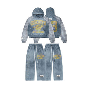 Conjunto Deportivo de Algodón Grueso Lavado Estilo Vintage para Hombre, Sudadera con Capucha y Pantalones Holgados con Logotipo Personalizado y Pedrería, Ropa Urbana - Product Image 3