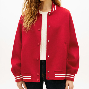 White & Red Color With Full Sleeve Turn Down Collar Button Closure Solid Color Autumn Wear Women Varsity Jacket For Wholesale - Product Image 1