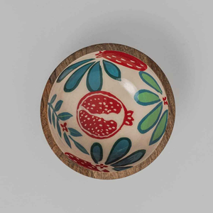 Cuenco de madera pintado a mano con diseño floral en rojo granate y azul verdoso a bajo precio - Product Image 1