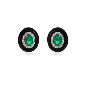 18K Designer Gold <b>Emerald</b> <b>Stud</b> Earrings Oval Shape Green <b>Emerald</b> Round Cut Lab Grown Diamond Black Enamel Fine Jewelry - Product Image 1