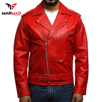 Veste de motard en cuir rouge pour homme, style CAFE RACER, coupe slim vintage avec ceinture et poches zippées