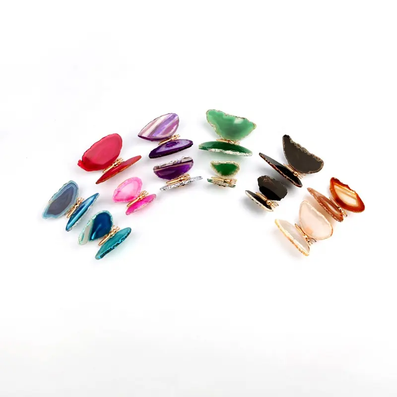 Handmade Wholesale Colourful Metal Body Small Gemstone Natural Druzy Geode Slice Agate Butterfly Crystal Healing Wedding Gift 3D