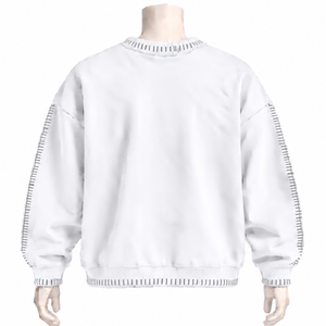 <b>Mens</b> <b>White</b> Stitched Border Distressed Crewneck <b>Sweatshirt</b> Loose Fit Long Sleeve Pullover Casual Streetwear Fashion Everyday Top - Product Image 2