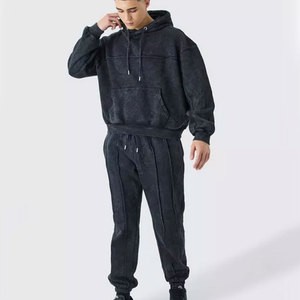 Men's Dark Gray Washed Cotton <b>Hoodie</b> & Pants Tracksuit Full Sleeve Solid Color Casual Loose Fit Drawstring Closure Autumn Wear - Product Image 1