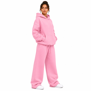 Conjunto de Sudadera Oversize y Pantalones Anchos de Forro Polar para Mujer, con Bolsillo Canguro, Color Liso, Chándal Holgado de Dos Piezas - Product Image 3