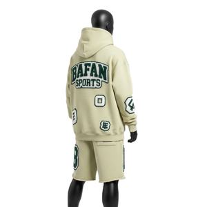 ชุดเซ็ตฮู้ดดี้และกางเกงขาสั้นผ้าฝ้ายฟลีซพรีเมียม 320 GSM สีเขียวเซจ แต่งแพทช์เชนีล ปักโลโก้ตามสั่ง - Product Image 5