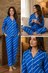 Customized Women Stylish Blue Floral Pajama <b>Set</b> Cotton Long Sleeve Sleepwear <b>Set</b> Comfortable Elastic Waist V-neck Nightwear - Product Image 5