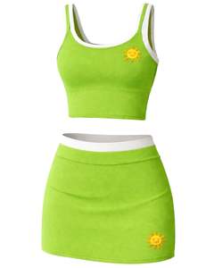 Customized <b>Green</b> Womens Two Piece Skirt Set Crop Tank Top With Cute Sun Patch And High Waist Mini Skirt Stretch Summer Outfit - Product Image 1