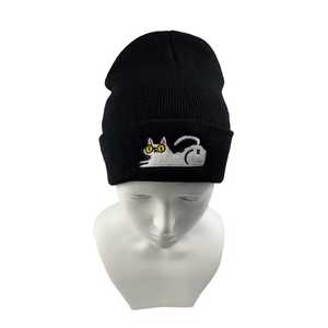 Custom Logo White <b>Cat</b> Embroidery Beanie <b>Hat</b> Unisex Adult Winter Casual Style Solid Black Cuffed Design - Product Image 4