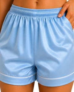 Conjunto de Pijama de Satén Azul Cielo Personalizado por el Fabricante, Ropa de Dormir de Seda para Mujer, Conjunto de Pijama de Manga Corta con Bordado de Osito de Peluche - Product Image 6