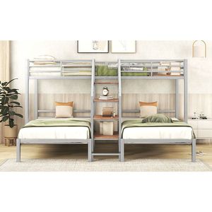 เตียงสองชั้นแบบโลหะสีเงิน พร้อมชั้นวางของและบันได เตียงสามชั้น - Product Image 5