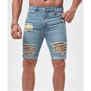 Shorts en jean décontractés extensibles pour hommes, nouvelle mode estivale, bleu/noir uni, écologiques, service OEM, taille haute avec cordon de serrage - Product Image 2