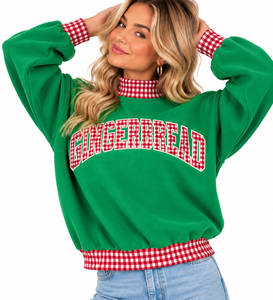 Sudadera navideña extragrande personalizada para mujer, verde, con cuello simulado, manga larga, con ribete de cuadros rojos y bordado de letras - Product Image 4