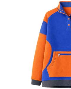 Sweat-shirt d'hiver surdimensionné en polaire bleu roi et orange pour femme avec col à boutons et poche kangourou – Fabricant sur mesure - Product Image 3