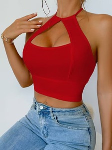 Ribbed Knit Halter Neck Cutout Activewear <b>Crop</b> <b>Top</b> Keyhole Front Tie Back Workout Sports Bra Elastic Athletic Tank - Product Image 4