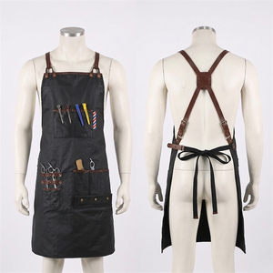 Premium 320 GSM Waxed Cotton <b>Black</b> Barber <b>Apron</b> Brown Leather Panel Custom Embroidery Print Logo Leather Barber <b>Apron</b> - Product Image 1