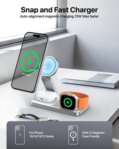 Soporte de carga inalámbrico plegable 3 en 1 Cargador magnético multifuncional con salidas de 5W 7,5 W 10W 15W para iPhone 16 15 14 13 - Product Image 4
