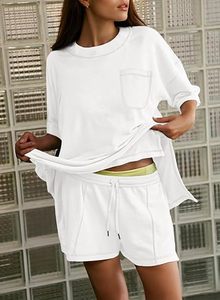 Ensemble deux pièces tendance pour femme en tricot gaufré, col rond, t-shirt oversize et short, tenue décontractée pour tous les jours - Product Image 3