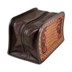 Handcrafted Vintage Genuine <b>Leather</b> Toiletry Bag Solid Color Zipper Closure Embroidered Floral Design Women's <b>Handbag</b> Daily Use - Product Image 3