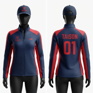 Veste de golf unisexe haut de gamme en polyester et rayonne 300 GSM, à capuche, en polaire, imperméable, respirante, bleu marine avec empiècements rouges, personnalisable - Product Image 1