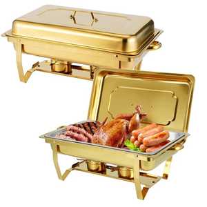 Plat à chafing rond moderne en acier inoxydable avec couvercle en verre et pieds dorés de style UFO, chauffe-plats professionnel pour buffet - Product Image 3