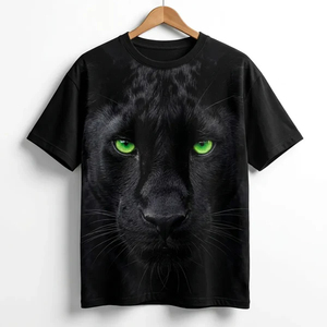Camiseta de Manga Corta con Cuello Redondo para Hombre, Diseño de Pantera Negra con Ojos Verdes, Estampado Digital, Estilo Casual, Algodón Jersey, Talla Grande, Ecológica - Product Image 1