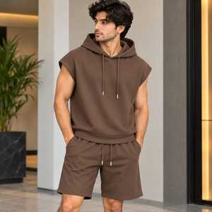 ชุดเซ็ตเสื้อฮู้ดแขนกุดและกางเกงขาสั้นสำหรับผู้ชาย Jerry Wear รุ่น Autumn Knitted สไตล์สปอร์ตแคชชวล ผ้าถัก ทรงหลวม ไหล่ตก ผลิตจากโพลีเอสเตอร์/คอตตอน แห้งเร็ว - Product Image 1