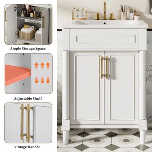 Mobile Bagno da 24 Pollici con Lavabo Singolo Integrato in Ceramica, Armadietto Bagno a 2 Ante, Mobiletto di Medie Dimensioni - Product Image 6