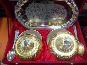 Traditional Gold Silver Plated Bowl Spoon Tray <b>Set</b> Decorative Dry Fruit Serving <b>Set</b> for Gift Purpose - Product Image 1