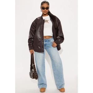 Blouson Bomber Marron en PU pour Femme, Décontracté, Fermeture Éclair, Coupe Ample, Col Rabattu, Couleur Unie, Idéal Automne - Product Image 2