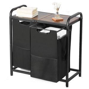 Grande portaoggetti autoportante 2 sezioni 600D cestini in tessuto Oxford da tavolo estraibile in legno con struttura metallica per lavanderia - Product Image 1
