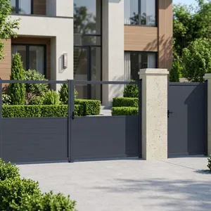 Puerta Principal Metálica Moderna con Listones Horizontales Grises y Puerta Peatonal, Puerta de Entrada de Seguridad Minimalista para Entrada de Vehículos de Casa o Villa - Product Image 1