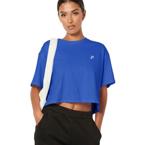 OEM Blue Women's Shirts Oversized Short Sleeve Crop <b>Top</b> Drop Shoulder Loose Fit Cotton Spandex Plain Tee Custom Manufacturer - Product Image 1