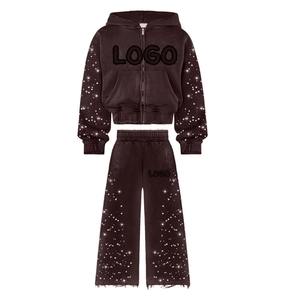 Ensemble sweat à capuche et pantalon de survêtement en strass, personnalisé, délavé à l'acide, effet usé, streetwear d'hiver, survêtement épais - Product Image 6