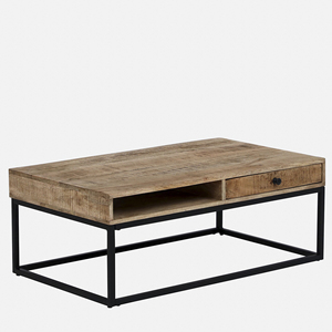 Table basse industrielle moderne en métal et bois massif en bois de manguier, finition naturelle et noire, avec tiroirs de rangement, table de salon - Product Image 2